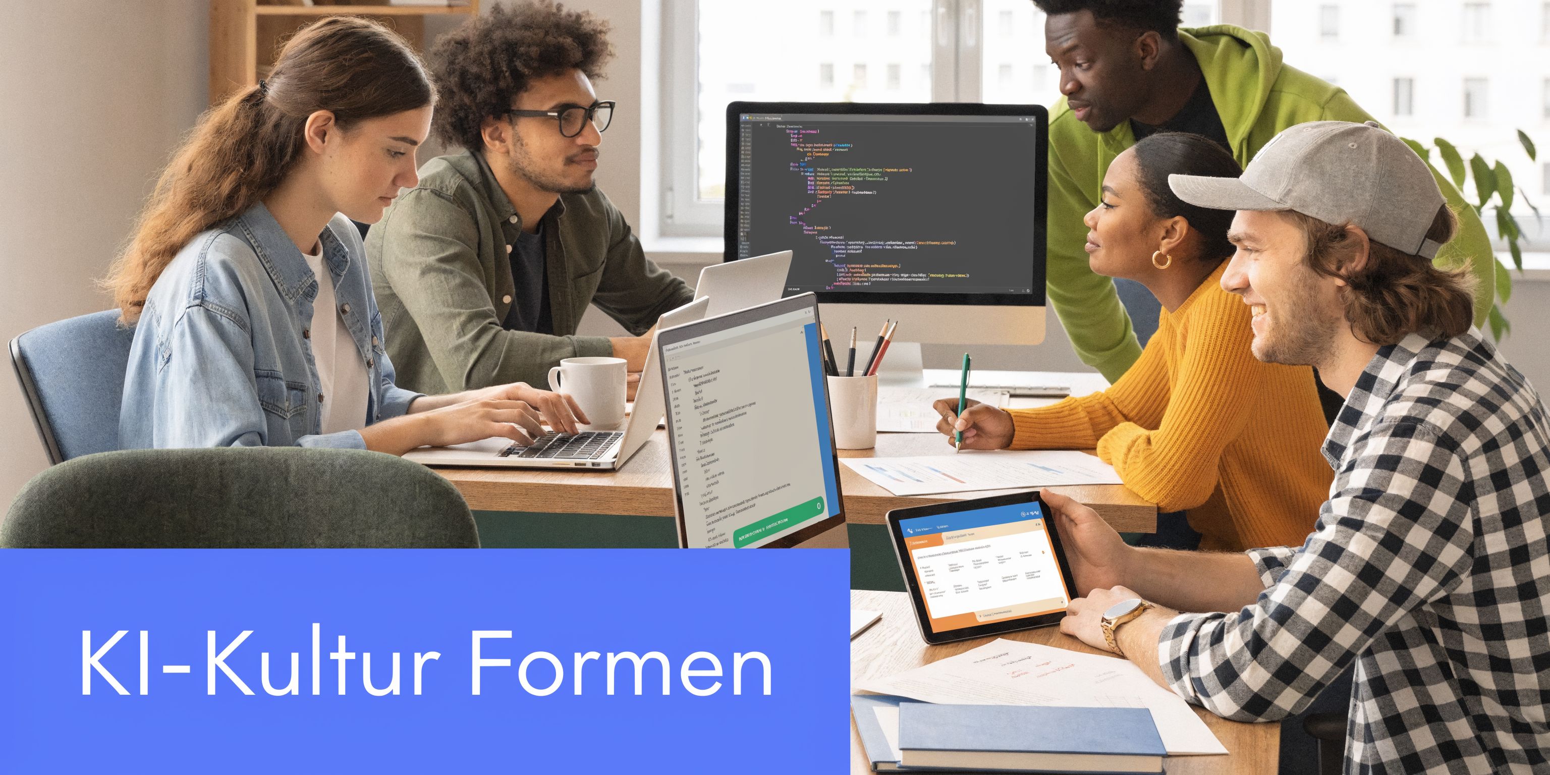 Ein diverses Team von Entwicklern arbeitet in einem modernen Büro gemeinsam an verschiedenen digitalen Projekten und Programmierung.