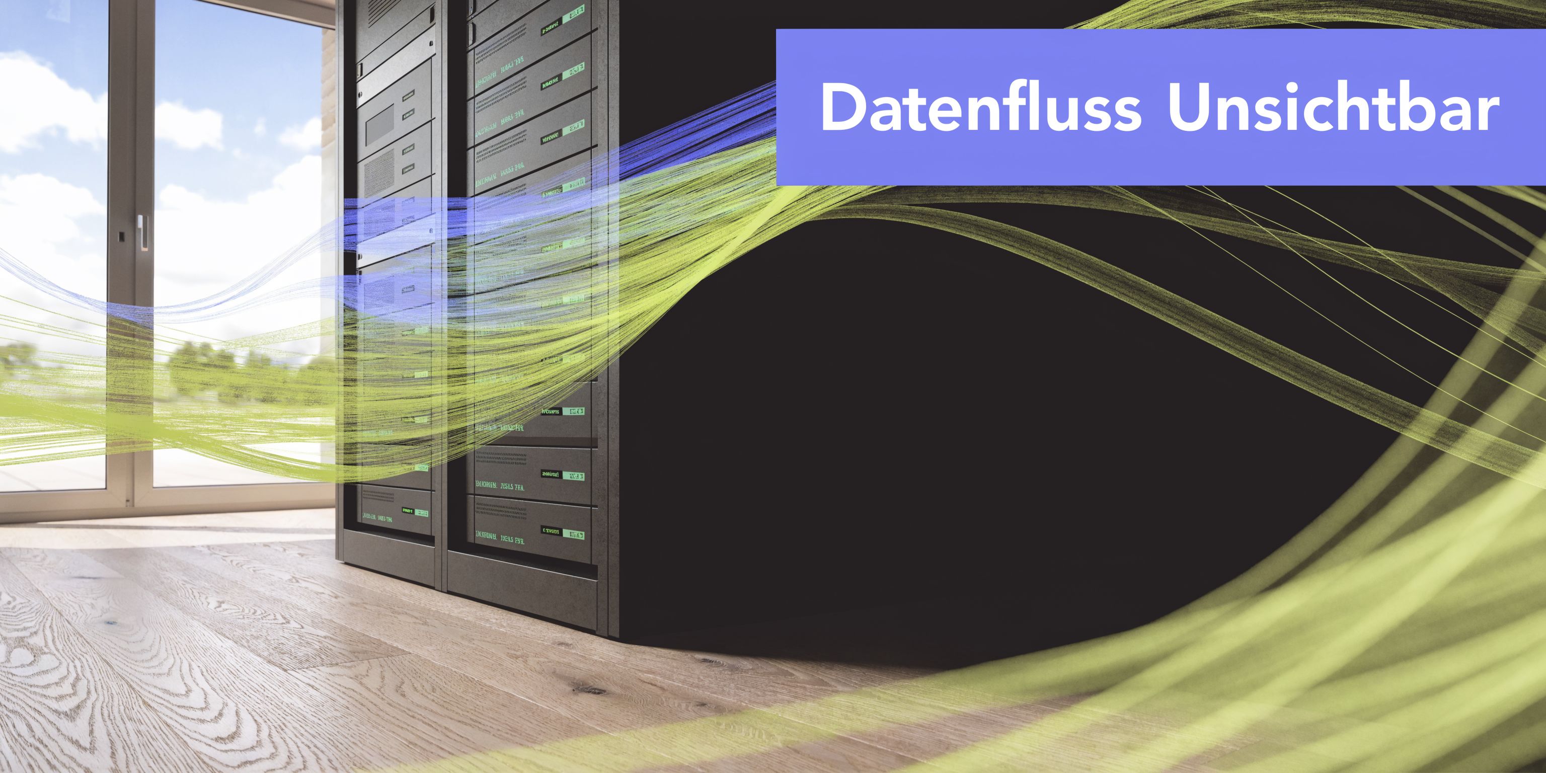 Ein Server-Rack im Raum mit abstrakten digitalen Datenströmen, die in Blau und Gelb durch die Luft fließen.