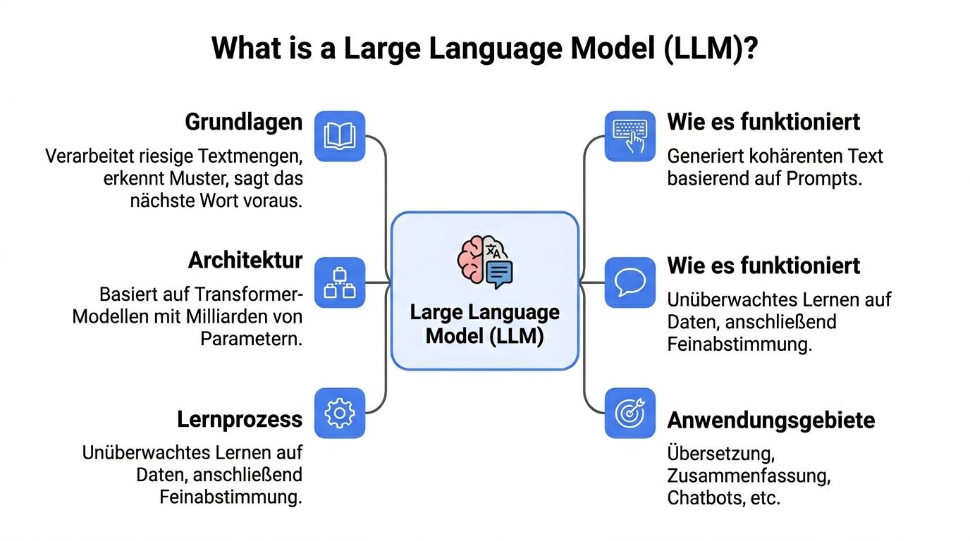 Grafische Darstellung der Grundlagen, Architektur, Lernprozesse und Anwendungsgebiete von Large Language Models (LLM) auf Deutsch.