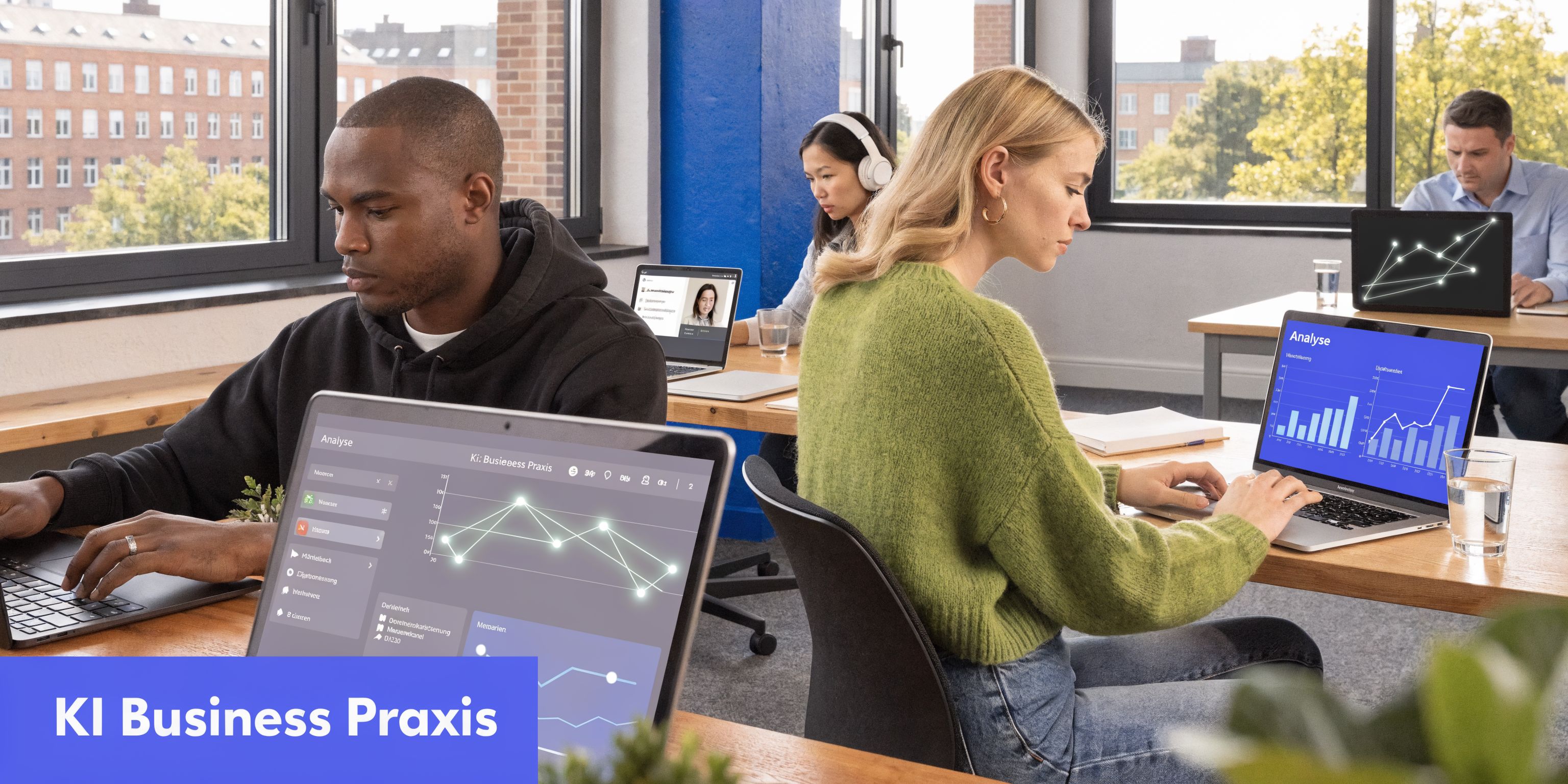 Ein modernes Büro mit mehreren Personen, die konzentriert an ihren Laptops arbeiten und Daten analysieren.