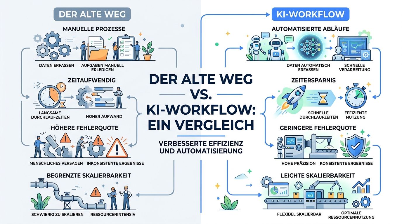 Vergleichsgrafik zwischen manuellen Prozessen und effizienten KI-Workflows zur Verbesserung von Produktivität und Skalierbarkeit im Unternehmen.