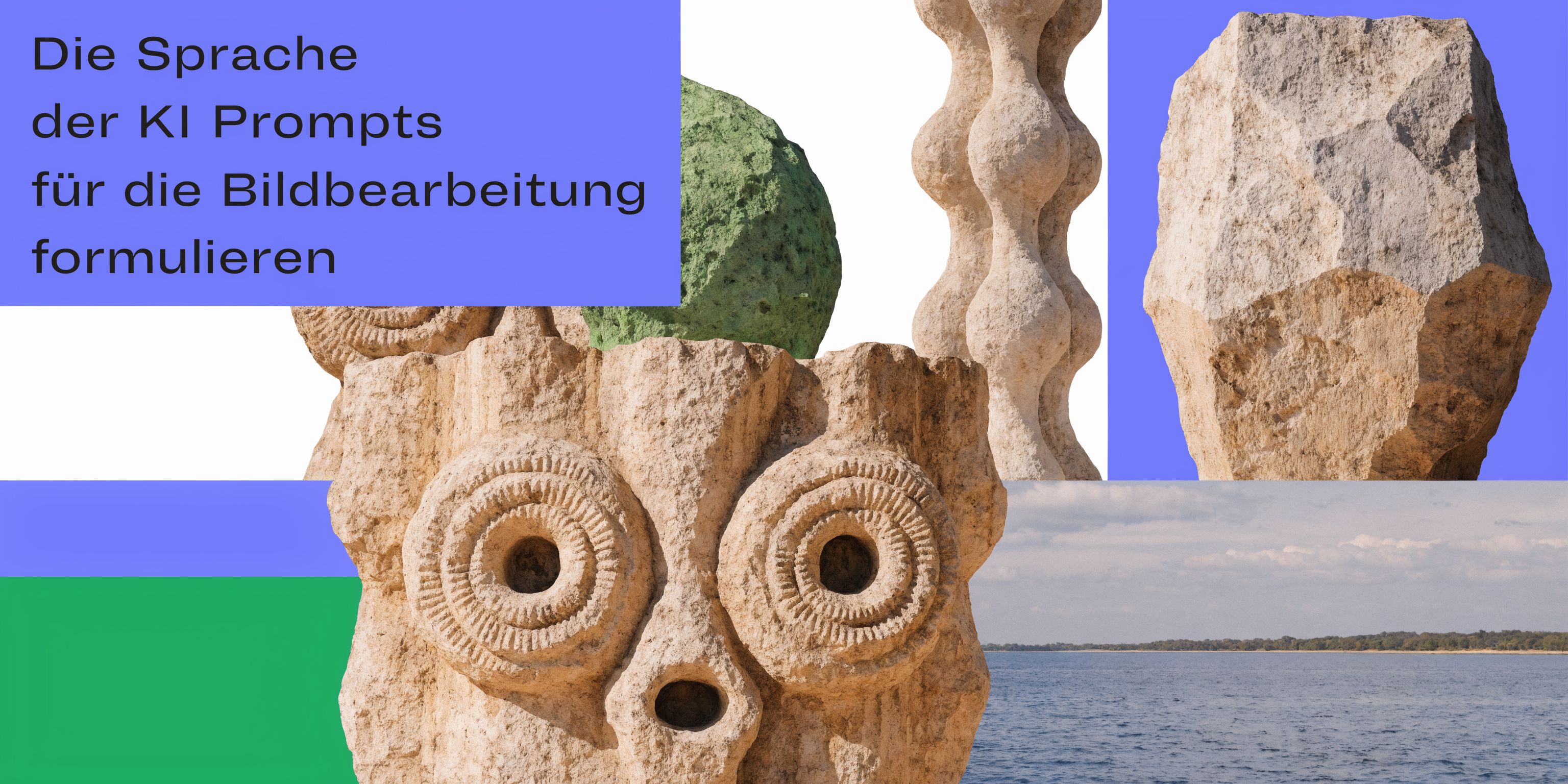 Ein grafisches Design mit Text und surrealen steinernen Skulpturen sowie einer Wasserlandschaft für KI Bildbearbeitung.