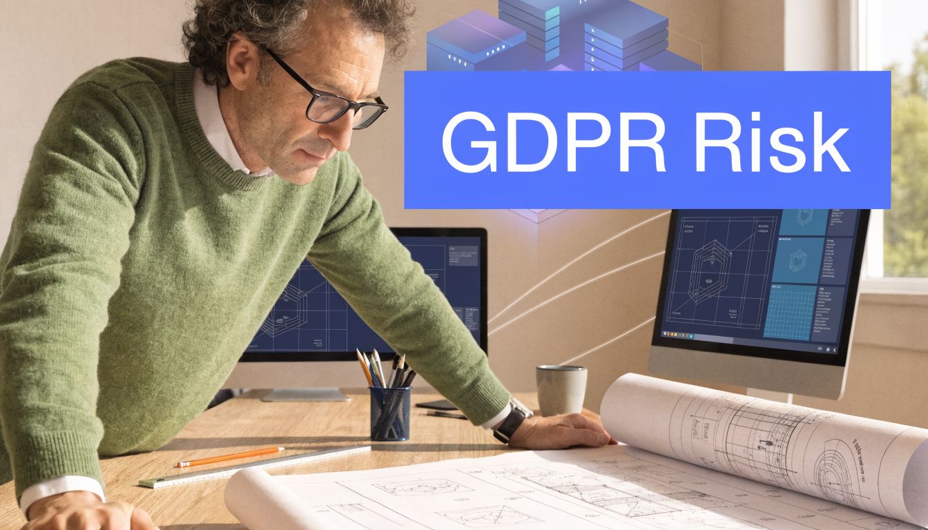 Ein Architekt mit Brille analysiert Baupläne am Schreibtisch vor Computern mit digitalen Diagrammen zum Thema Datenschutzrisiko.