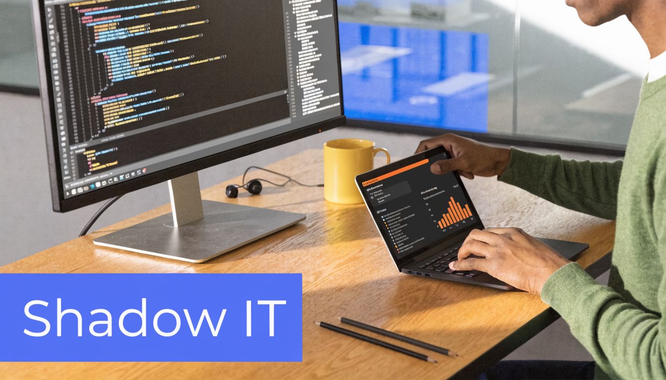 Ein Programmierer arbeitet gleichzeitig an einem Computerbildschirm mit Programmcode und einem Laptop mit Datenanalysen im Büro.