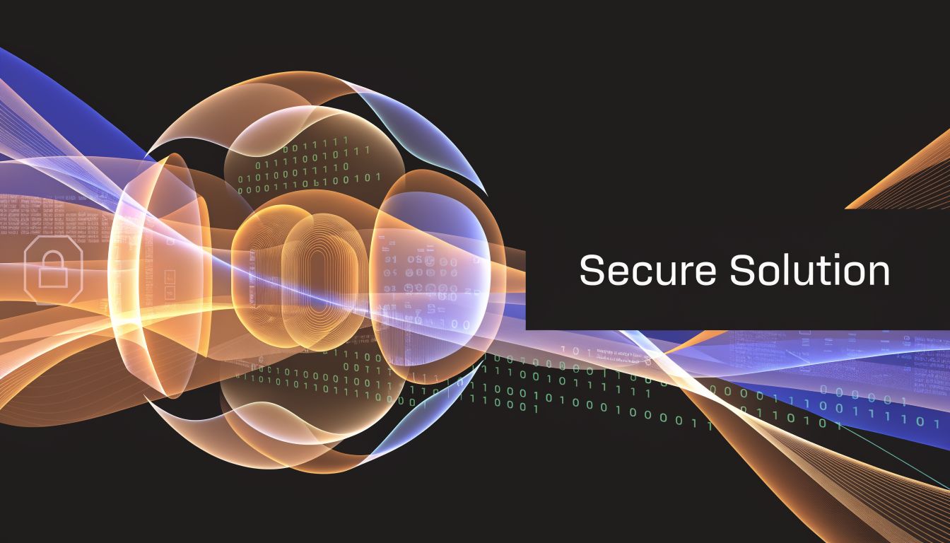 Abstrakte grafische Darstellung von Sicherheit mit binären Codes, Wellenmustern und einem stilisierten Vorhängeschloss-Symbol auf dunklem Hintergrund.