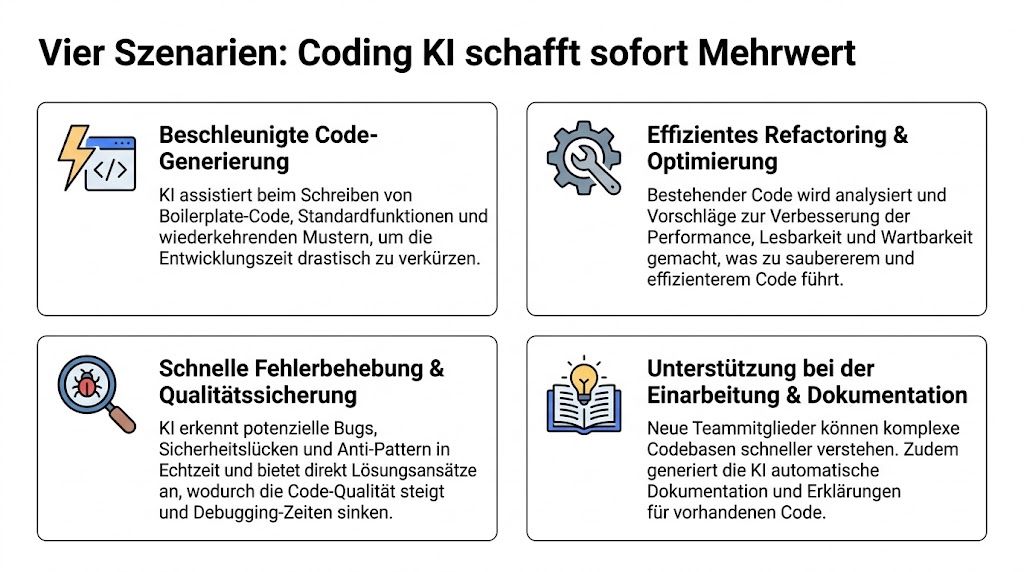 Eine Infografik mit vier Szenarien, wie Coding-KI die Softwareentwicklung durch Effizienzsteigerung und automatisierte Unterstützung sofort optimiert.