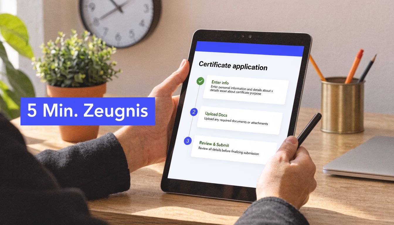 Eine Person nutzt ein Tablet, um eine digitale Zertifikatsanwendung mit einem einfachen Schritt-für-Schritt-Prozess auszufüllen.