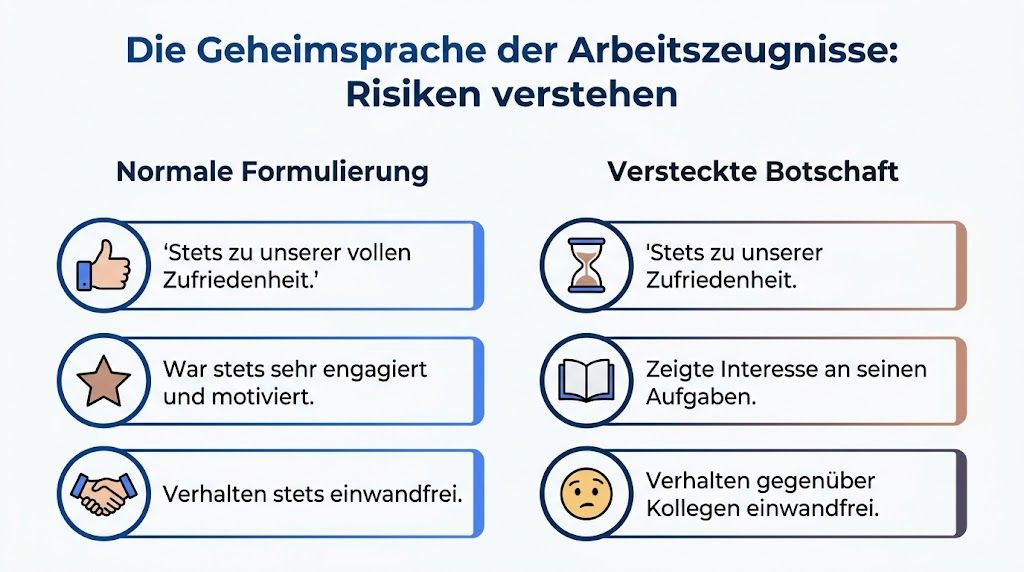Eine Infografik, die die versteckten Bedeutungen in deutschen Arbeitszeugnisformulierungen gegenüber normalen Formulierungen verdeutlicht und Risiken aufzeigt.