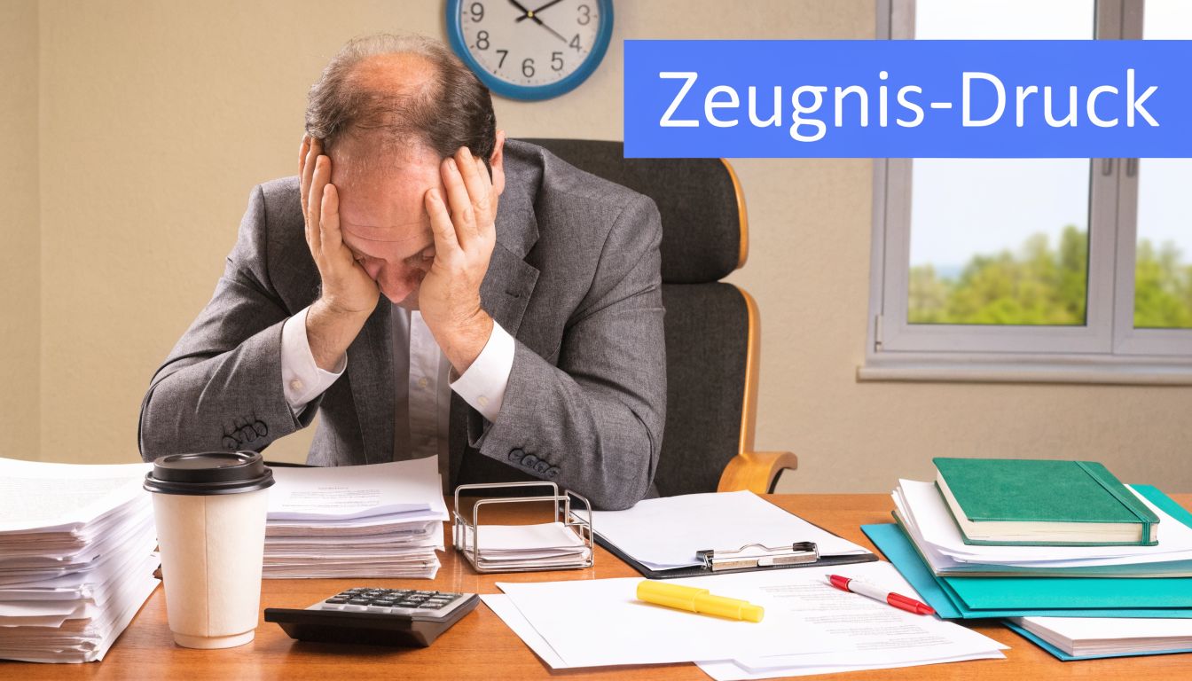 Ein überarbeiteter Geschäftsmann sitzt verzweifelt an seinem Schreibtisch mit vielen Papieren und dem Text Zeugnis-Druck im Hintergrund.