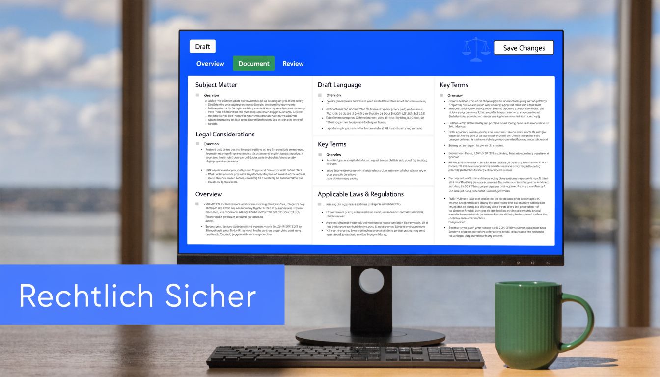 Ein Computerbildschirm auf einem Schreibtisch zeigt eine digitale Plattform zur Erstellung rechtssicherer Dokumente mit KI-Unterstützung.