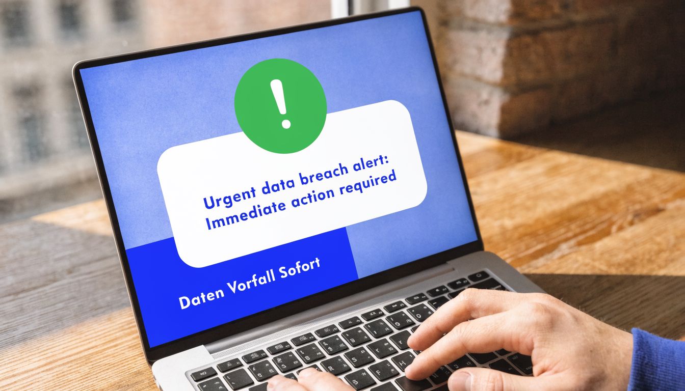 Ein Laptop zeigt eine Warnmeldung vor einer Datenpanne mit der Aufforderung zum sofortigen Handeln auf dem Bildschirm.