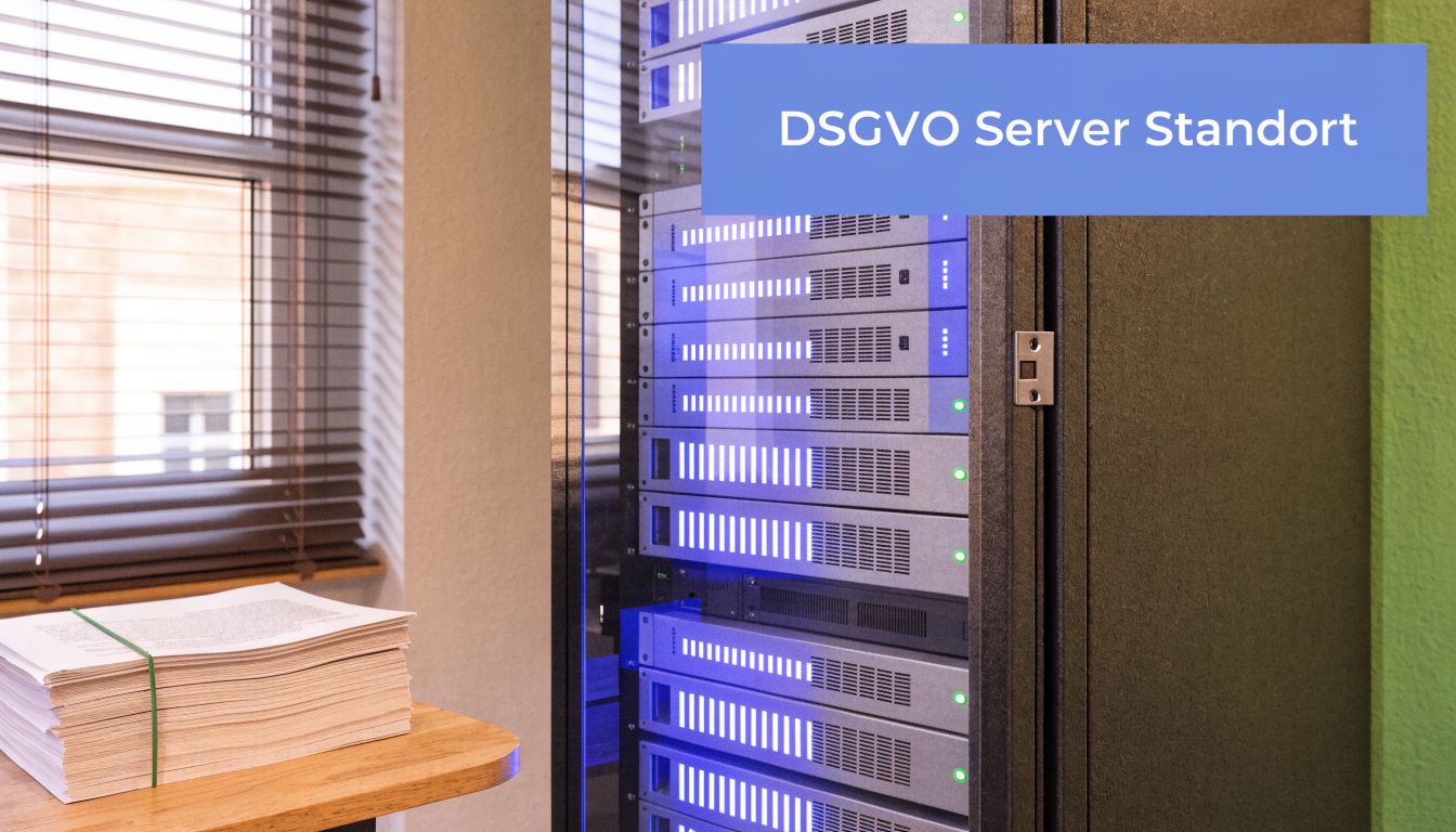 Ein Serverschrank in einem Büro neben einem Stapel Papier mit der Aufschrift DSGVO Server Standort.