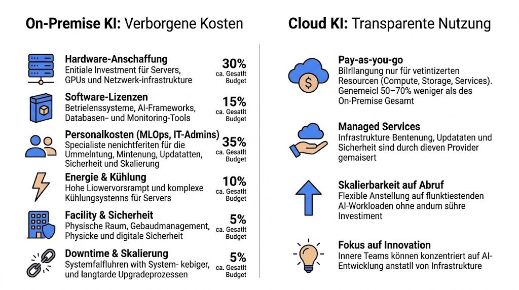 Vergleichsgrafik zwischen On-Premise KI-Infrastruktur mit versteckten Kosten und Cloud-basierter KI mit transparenter Nutzung und Skalierbarkeit.