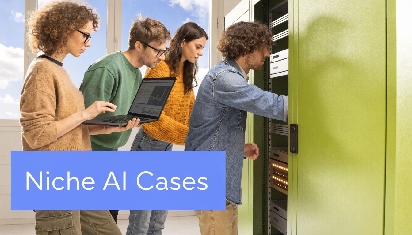 Ein Team von IT-Fachleuten arbeitet gemeinsam an einem Server-Rack in einem modernen Büro mit natürlichem Licht.