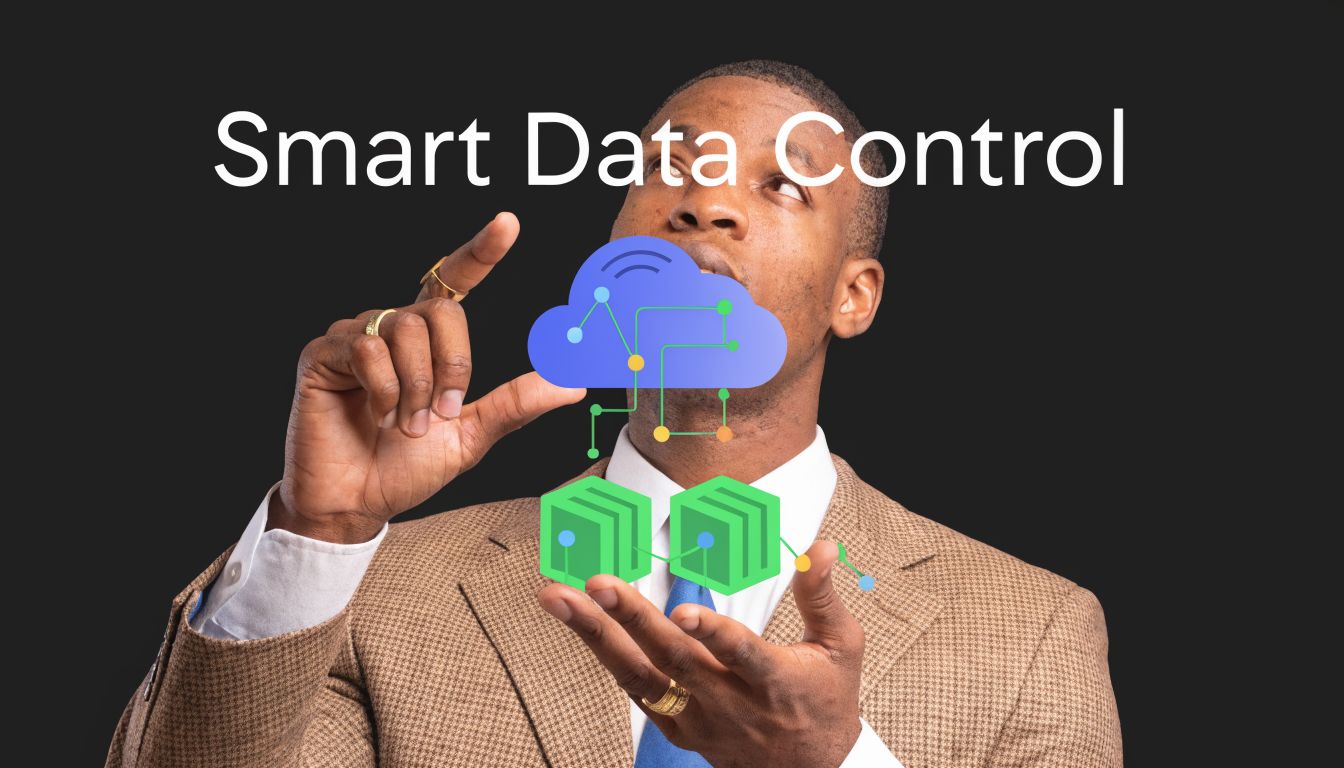 Ein Geschäftsmann interagiert mit einer digitalen Grafik, die eine Cloud und Server-Infrastruktur für intelligente Datenverwaltung darstellt.