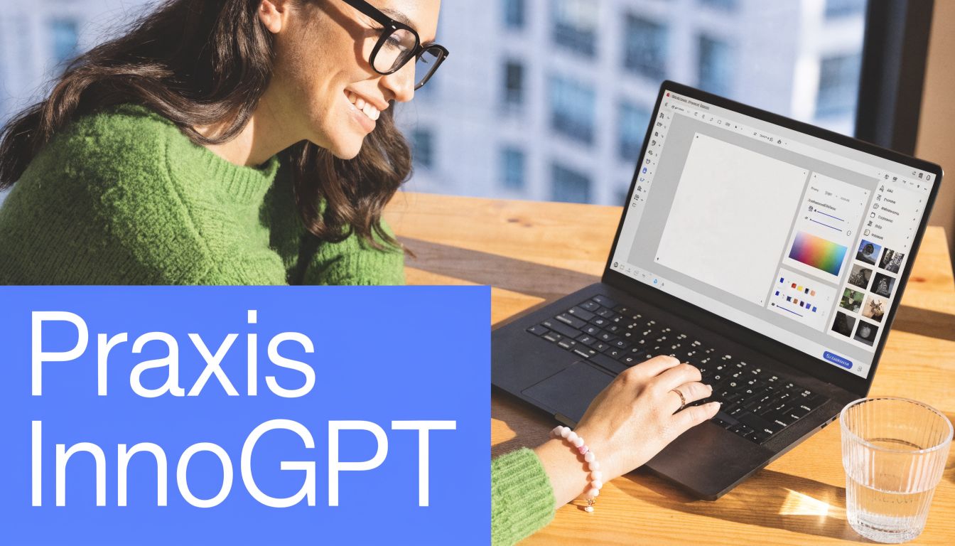 Eine lächelnde Frau arbeitet an einem Laptop mit Grafikdesign-Software, während sie an einem Holztisch sitzt.