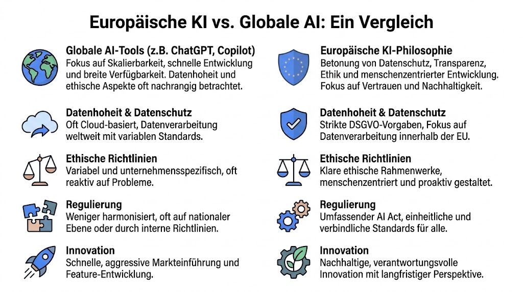 Vergleichsgrafik zwischen europäischen KI-Prinzipien und globalen KI-Tools hinsichtlich Ethik, Datenschutz und Regulierung.