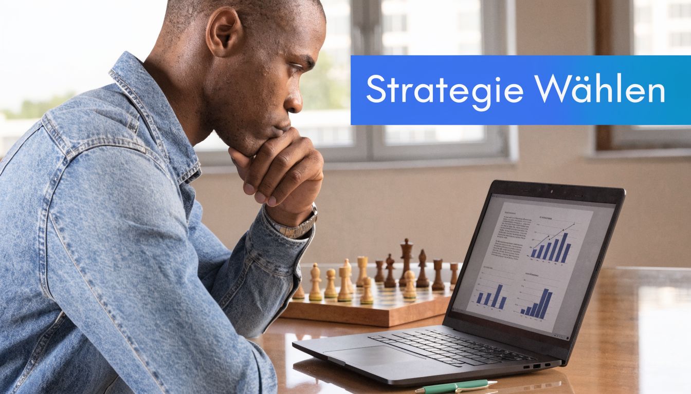 Ein nachdenklicher junger Mann im Jeanshemd betrachtet ein Laptop mit grafischen Diagrammen neben einem Schachbrett auf einem Tisch.
