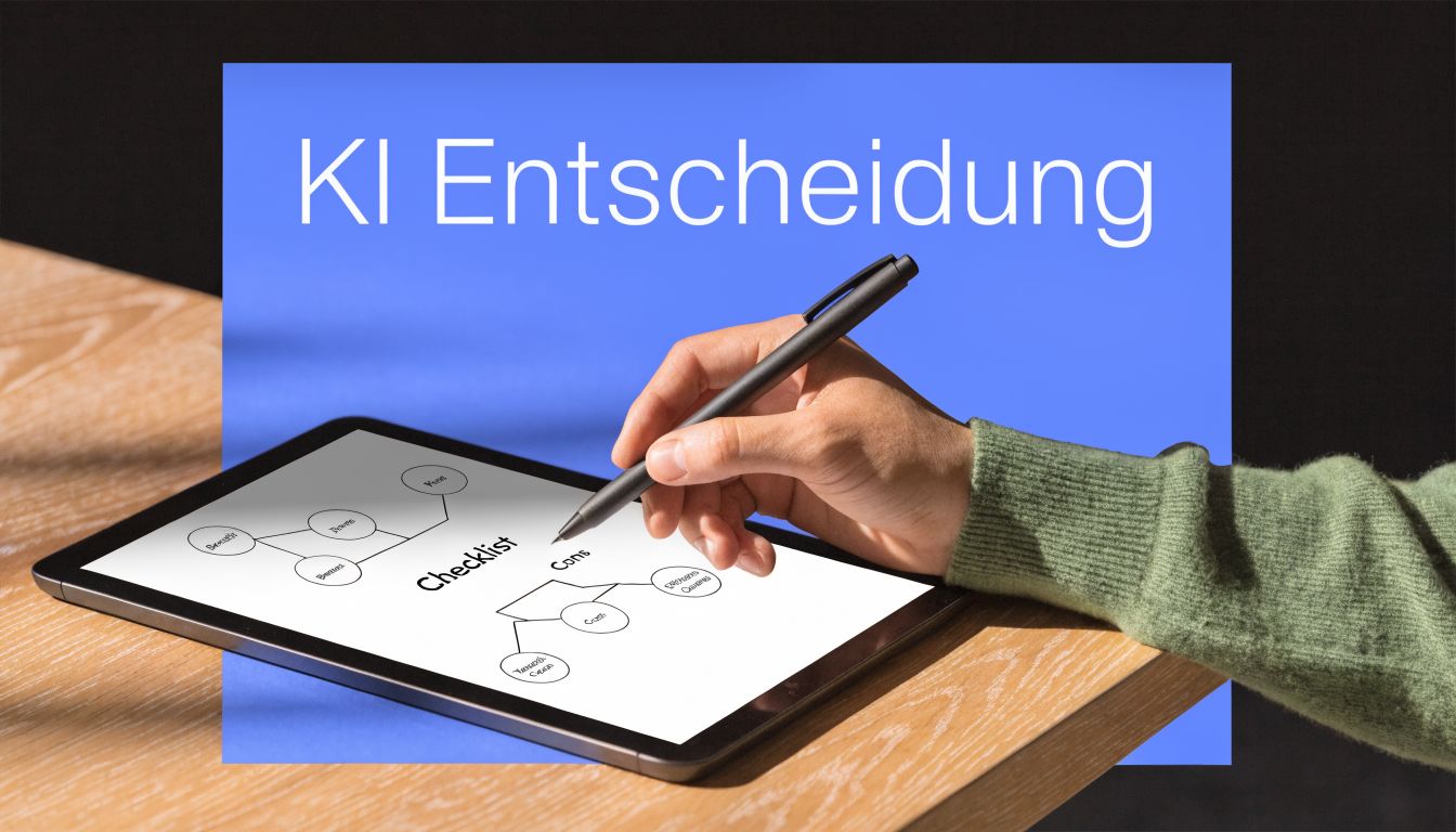 Eine Hand hält einen Stift über einem Tablet mit einem grafischen Entscheidungsmodell zur KI-Nutzung im Büro.