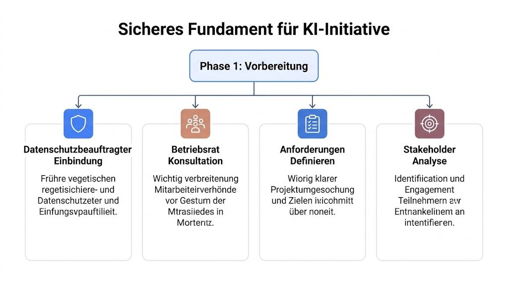 Ein Flussdiagramm, das die erste Phase der Vorbereitung für eine sichere KI-Initiative im Unternehmen visuell darstellt.
