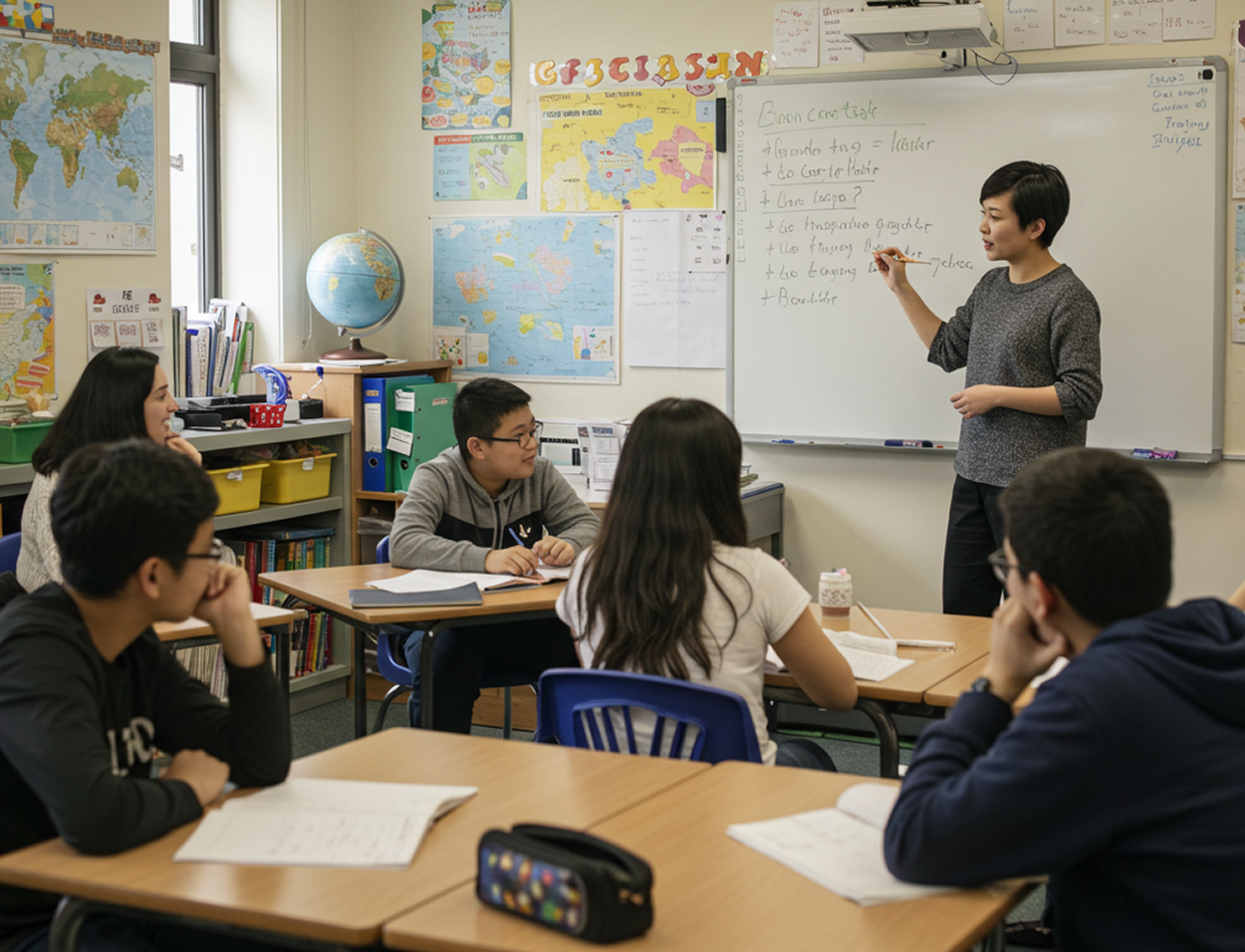 A group of students sitting at desks in a private tutor classroom