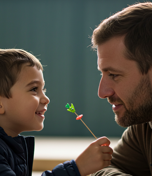 A parent and a young boy are smiling at each other.