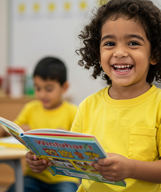 A little girl smiling while reading a book from private teacher