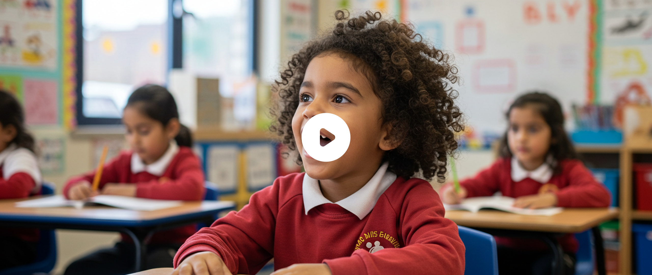 A young girl asking question while sitting at a desk in a classroom.