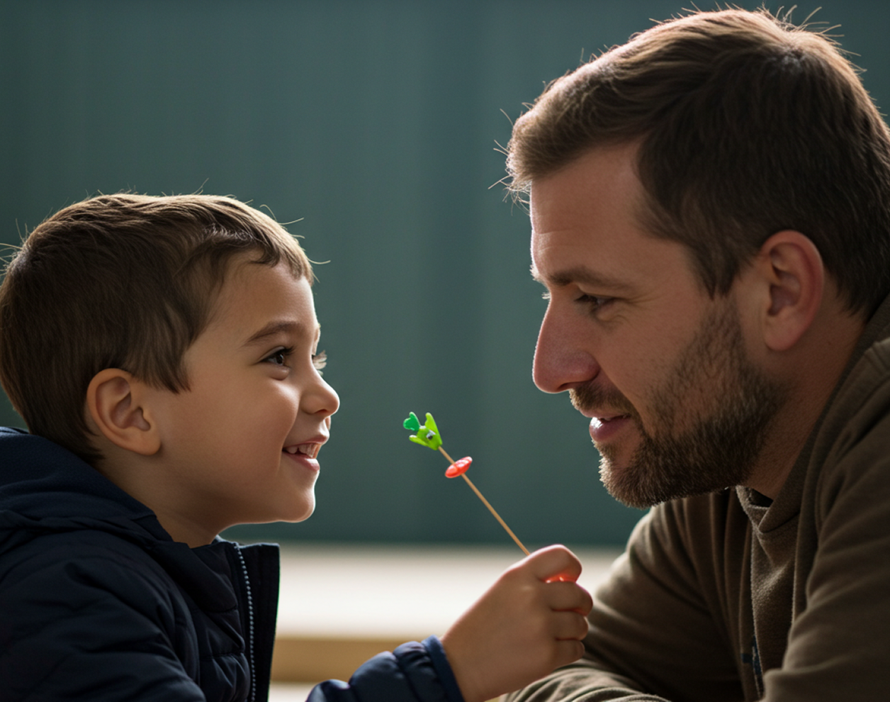 An happy parent and a young son playing with a flower