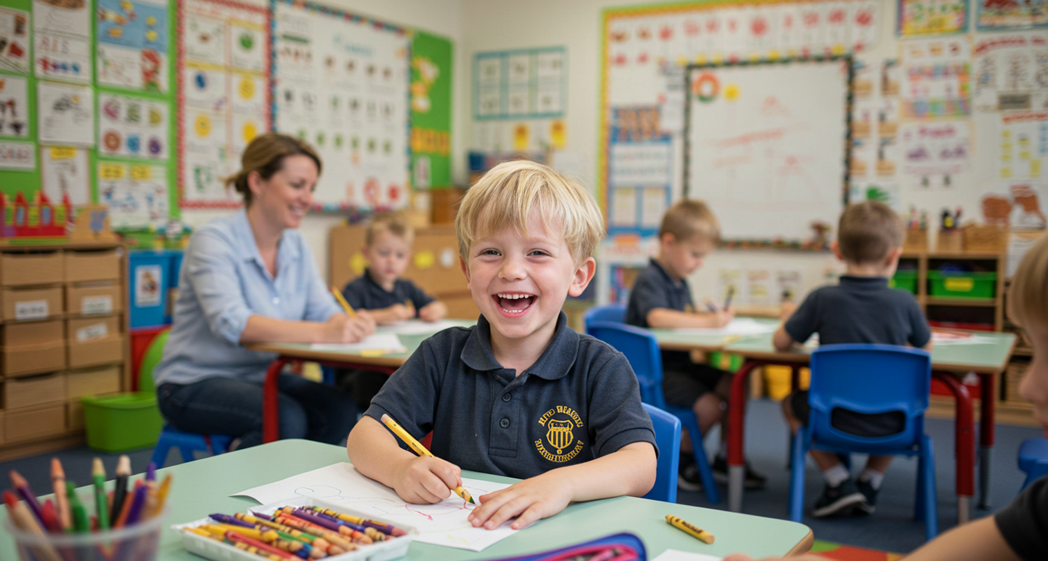 A young boy smiles as he sits at a desk in a classroom.