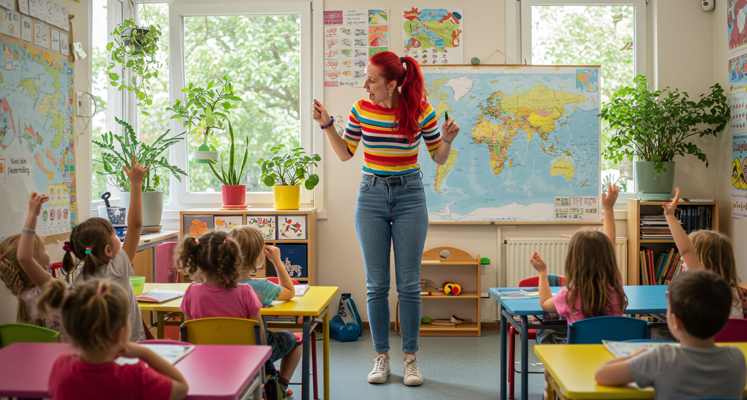 A private tutor standing in front of a classroom full of students.