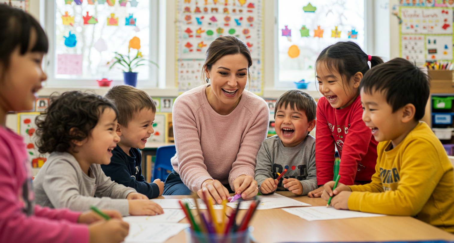 A tutor smiles while surrounded by student learning in a classroom.