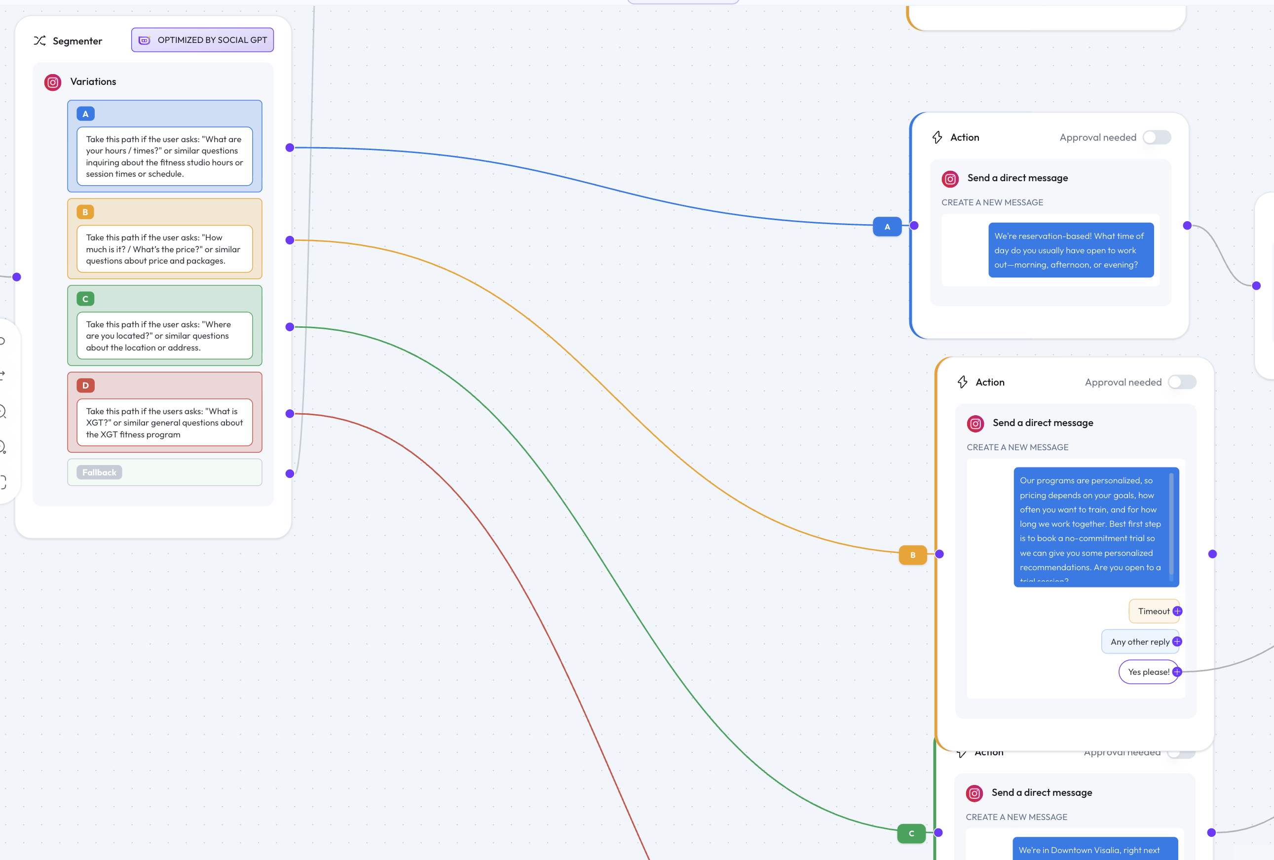 Scrollmark's segmenter routing XGT prospects by question into automated DM replies