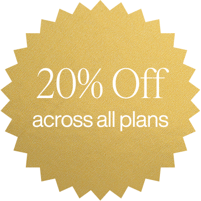 Golden badge with text saying: 20% Off across all plans