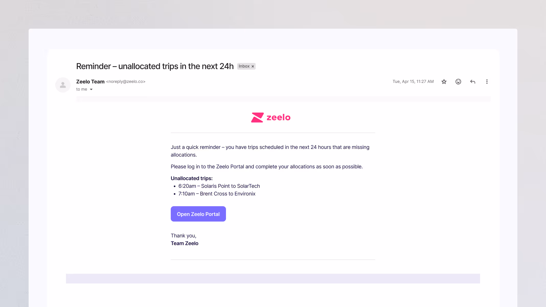 The reminder email sent to Operators who haven't completed their allocations 