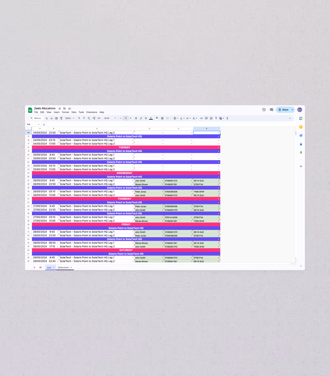 A screenshot of GSheets being used to allocate trips for Zeelo