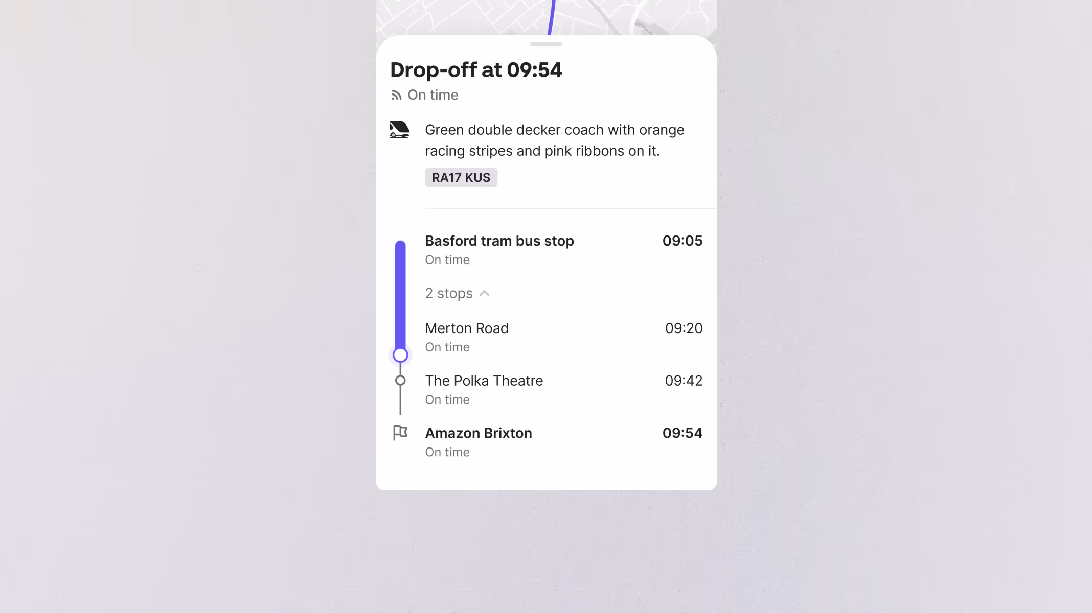 A close up screenshot of the full route and timings in the app