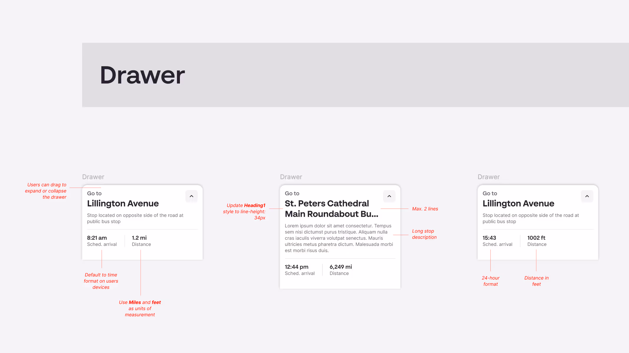 A detailed, annotated Drawer component shown in a Figma handoff file