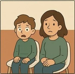 Sur un illustration une maman et son enfant attendent dans la salle d'attente du cabinet dentaire. L'enfant parait un peu anxieux de sa visite chez le dentiste.