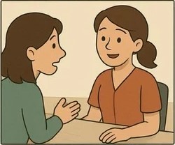 Le dentiste de Solesmes et en train de discuter avec la maman de l'enfant pour permettre une consultation dentaire sans stress pour l'enfant.