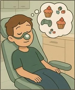 Un enfant est sédaté sous MEOPA, il est reposer et pense à des choses positive. Le RDV dentiste va se passer sans stress.