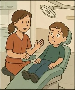 Le docteur Nonclercq est en train de parler à l'enfant pour lui expliser simplement comment va se passer la consultation sous MEOPA.