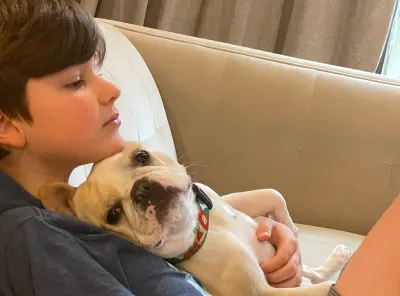 Royal Frenchel cuddling with a child on a couch.