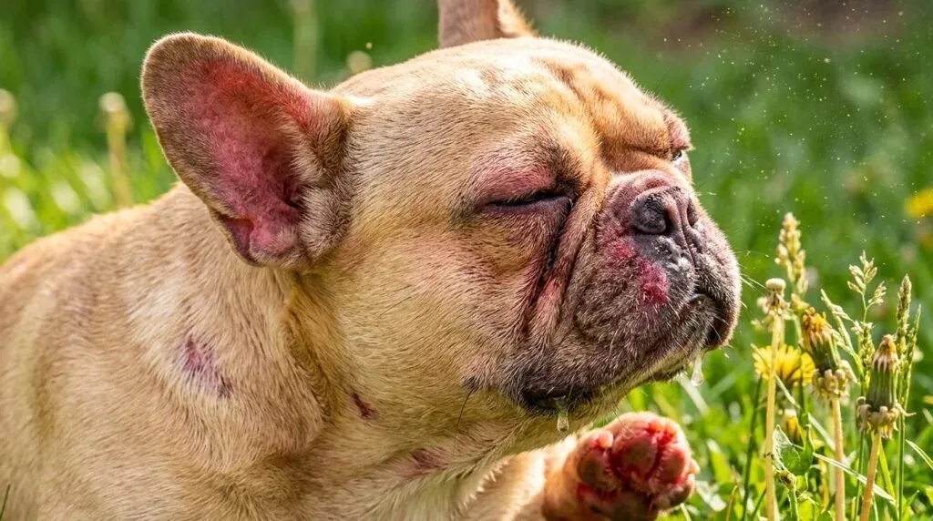Royal Frenchel walking through a field with a flower or berry stain on its face.