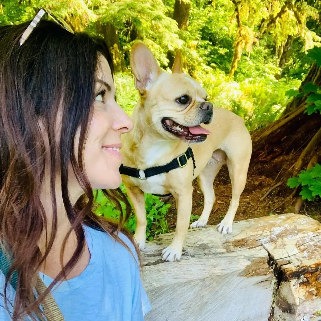 Woman and Royal Frenchel sharing eye contact outdoors.