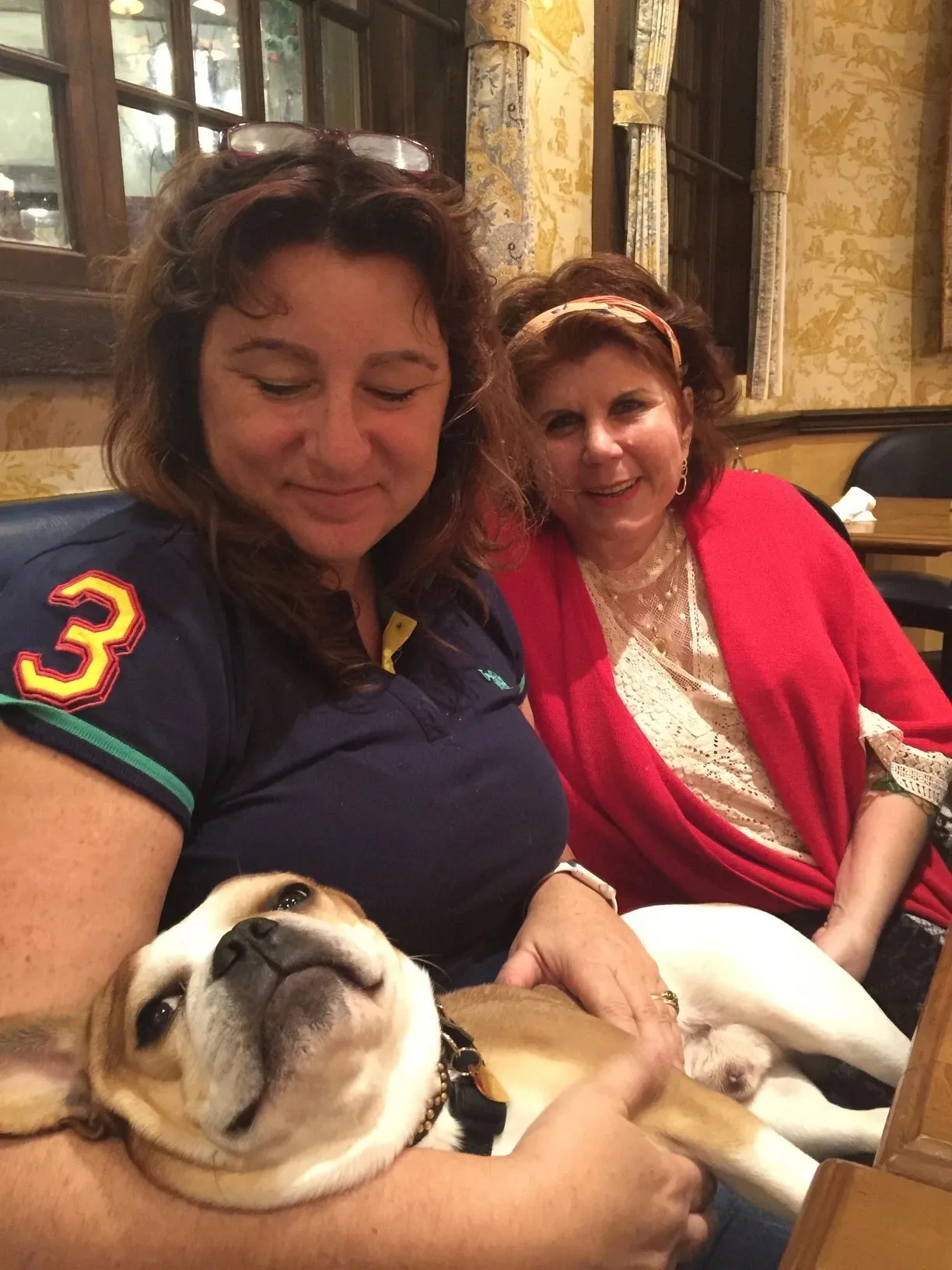 Royal Frenchel resting with two women at a restaurant.