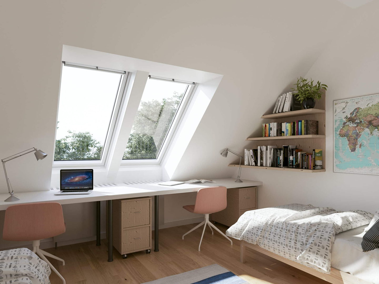 Chambre sous combles avec deux fenêtres de toit VELUX jumelées : lumière naturelle et vue sur les arbres (visualisation VELUX Group)