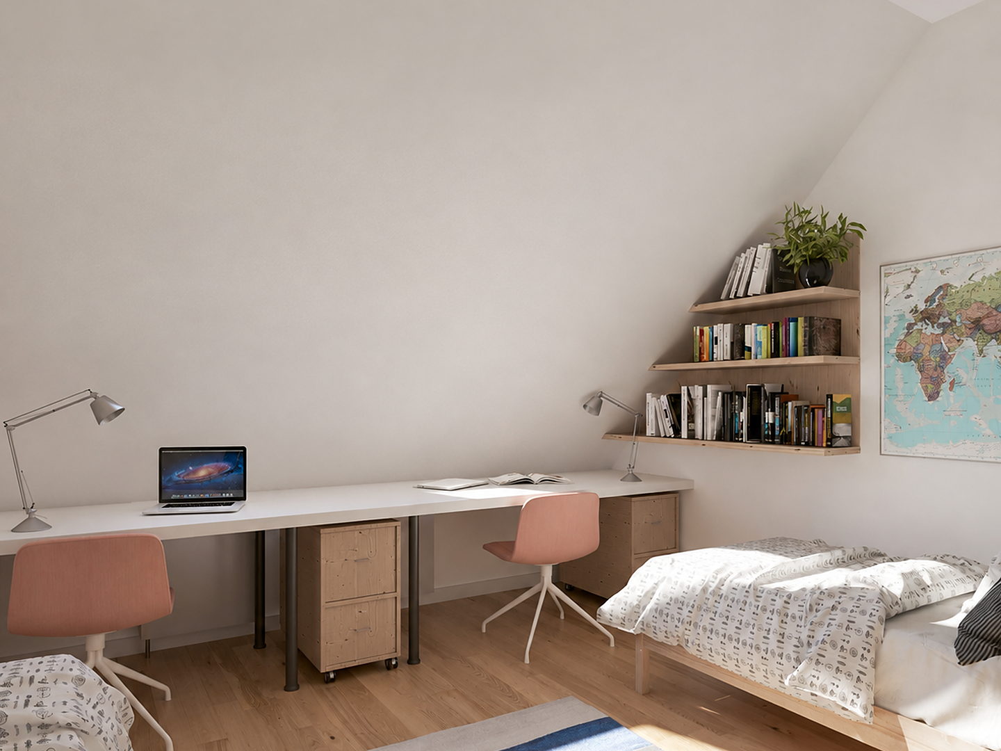 La même chambre sous combles sans fenêtre de toit : pan de toit aveugle, pièce sombre (visualisation VELUX Group)