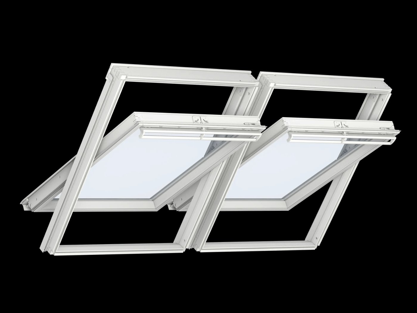 Rendu VELUX de deux fenêtres de toit jumelées côte à côte avec leur raccord de combinaison