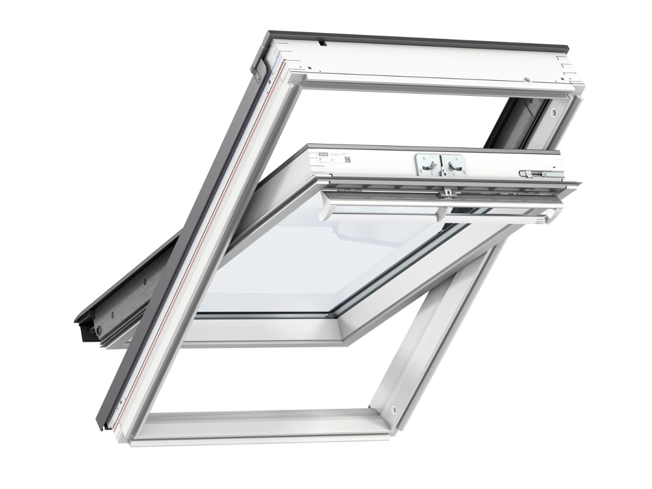 Rendu VELUX d’une verrière plane : fenêtre à rotation en haut, élément fixe en bas